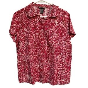 IB Diffusion Women's Size Petite XL Button Down Blouse Red White Paisley Floral